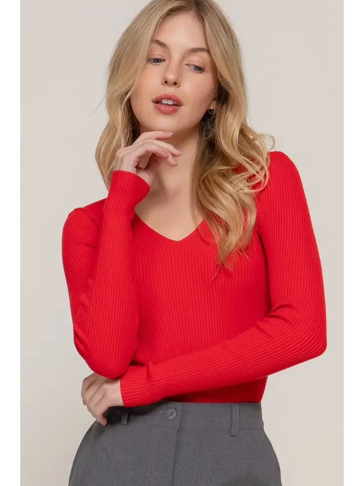 Red V Neck Not So Basic Long Sleeve Top