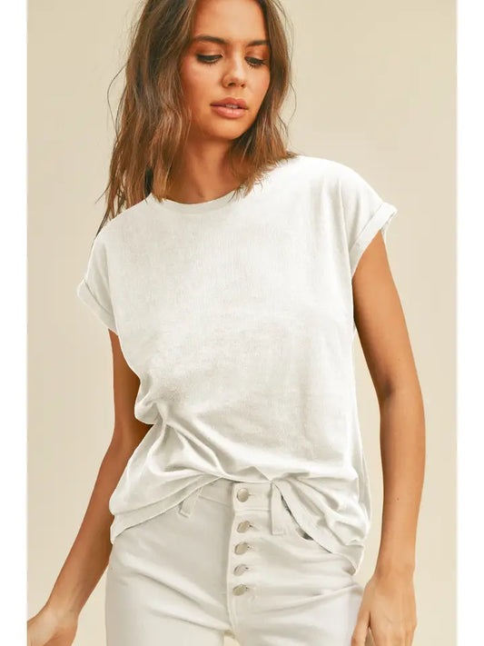 Rolled sleeve tee shirt White