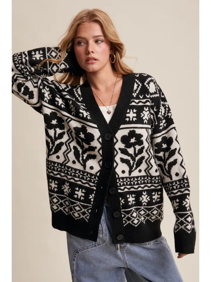 Fair Isle Floral Knit Cardigan