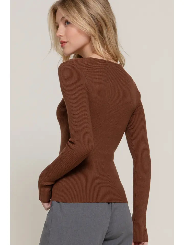 Chocolate V Neck Not So Basic Long Sleeve Top