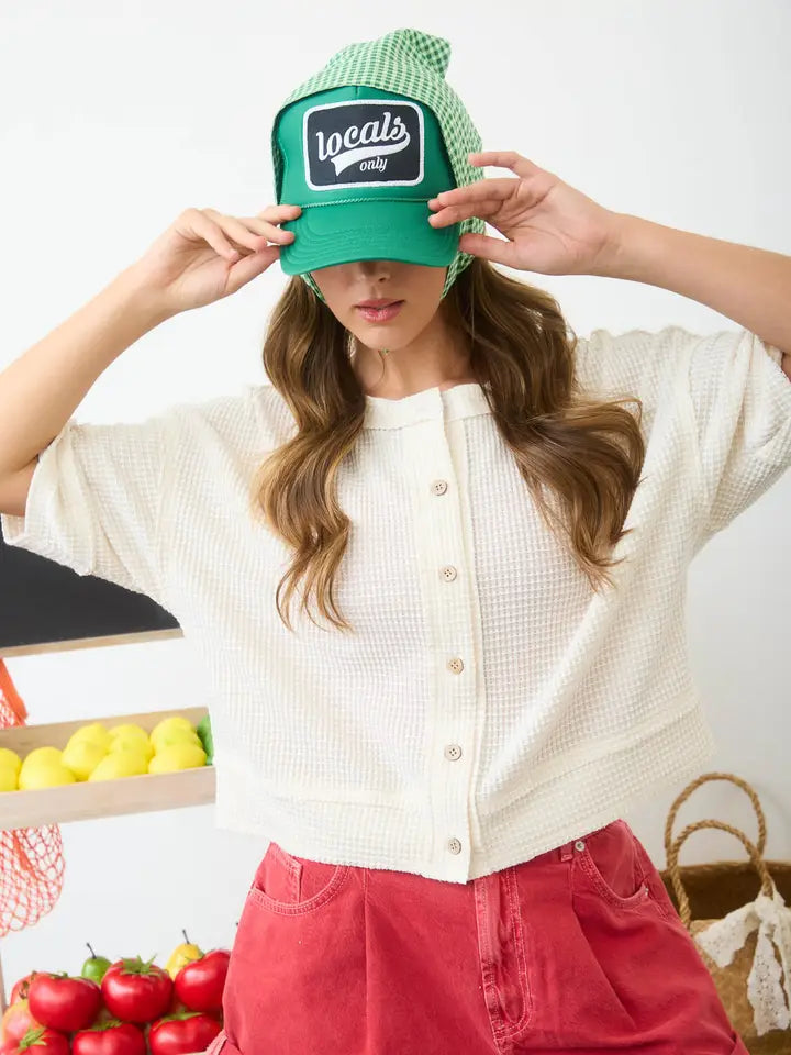 Cream Button Up Waffle Top