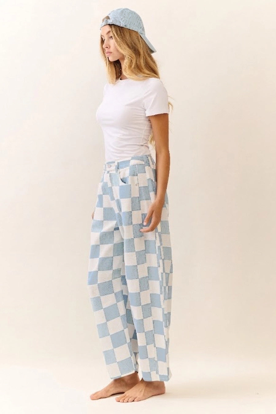 Check me out checkered barrel pant blue