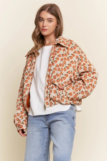 Orange Floral Bomber Jacket