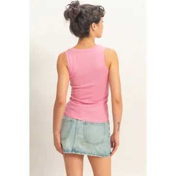 Pink Scoop Neck Ribbed Tank Top