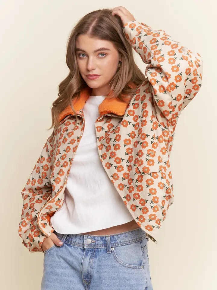 Orange Floral Bomber Jacket