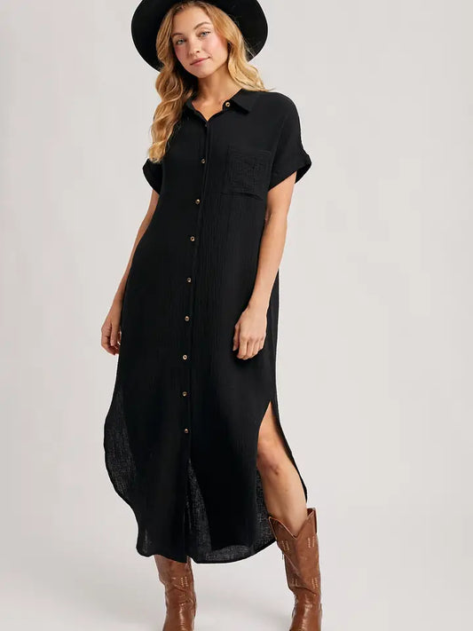 Scottie Maxi Shirt Dress Black