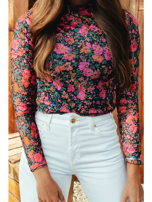 Bright Floral Mesh Long Sleeve top