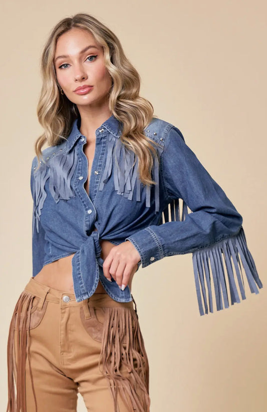 Denim Fringe Button Up Top