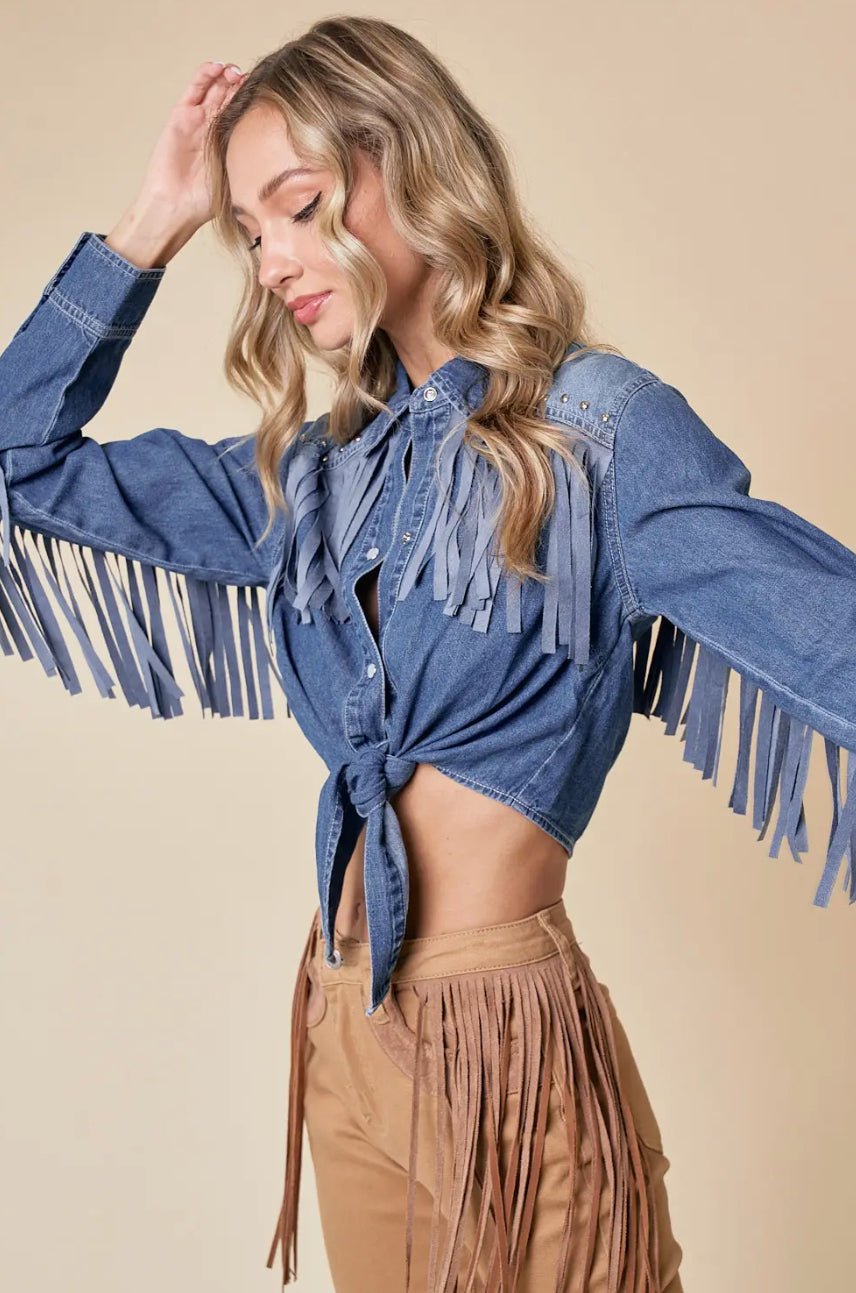 Denim Fringe Button Up Top