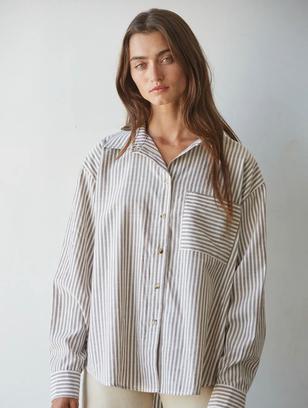 Vincent  taupe stripped button down
