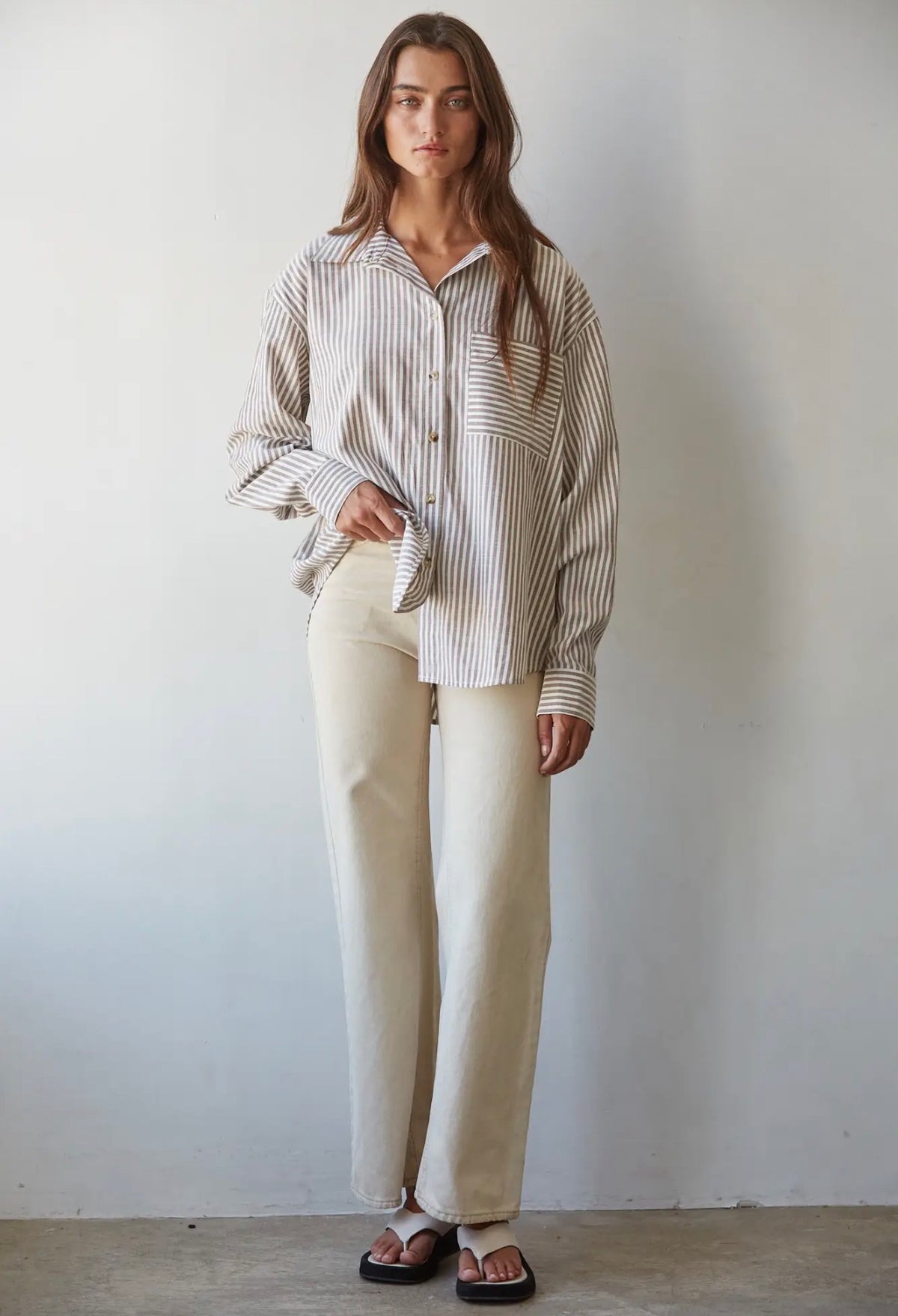 Vincent  taupe stripped button down