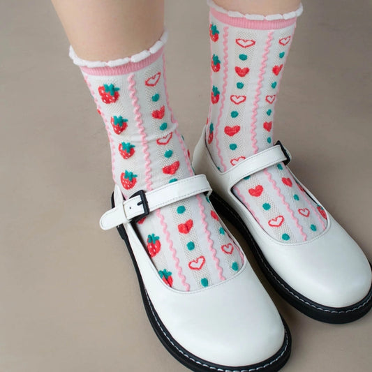 Retro heart and Strawberry Mesh Socks