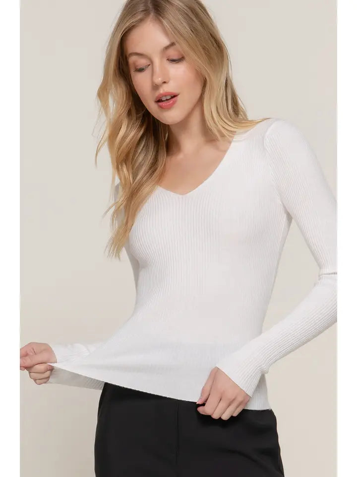 White V Neck Not So Basic Long Sleeve Top