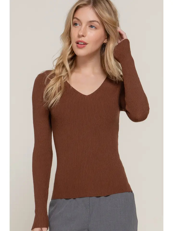 Chocolate V Neck Not So Basic Long Sleeve Top