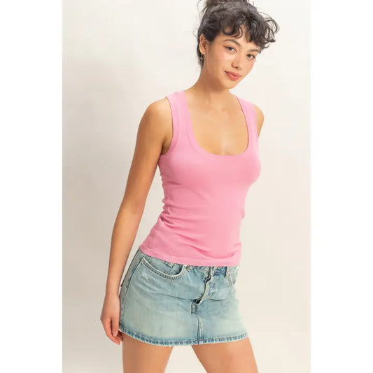 Pink Scoop Neck Ribbed Tank Top