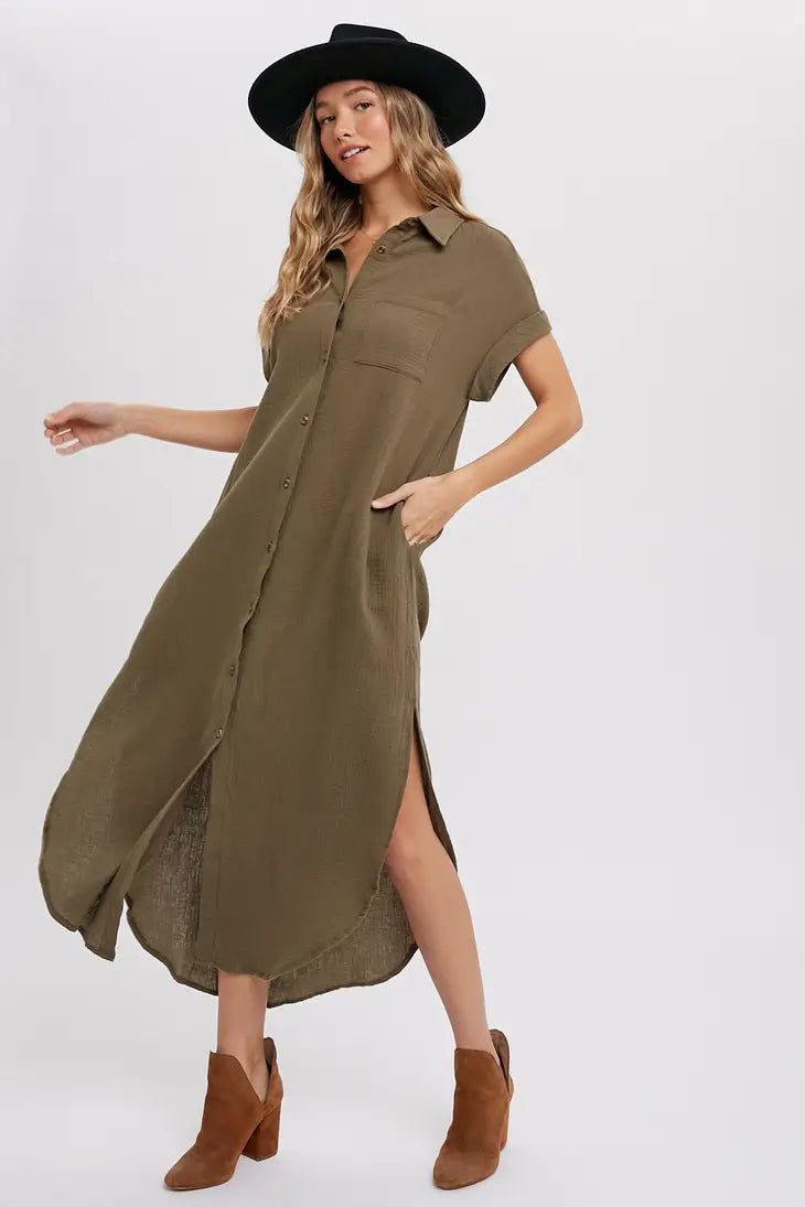 Olive Scottie Maxi shirt dress