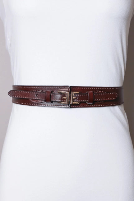 Double Buckle Elastic Waist belt Brown